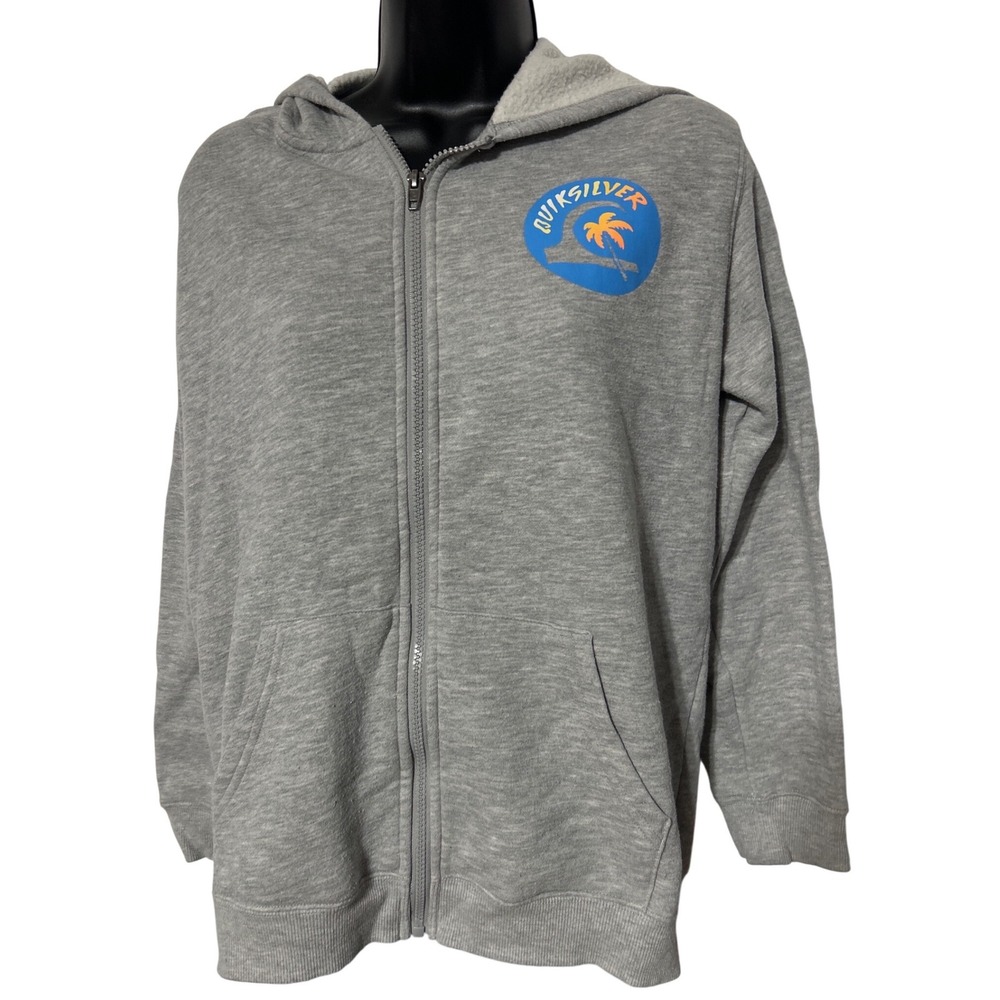 Quiksilver Kids Gray Zip Up Hoodie Palm Tree Wave‎ Logo Size L 14 16